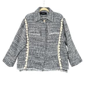 Zara Basic Boucle Blue White Tassel Patch Pockets Button Up Tweed Jacket Size‎ M